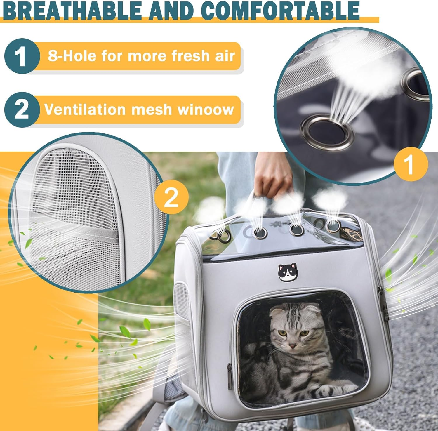 Onebarleycorn Cat Backpack with Window Cat Backpack Transport for Cats and Small Dogs up to 2-8 Kg Breathable Foldable Grey