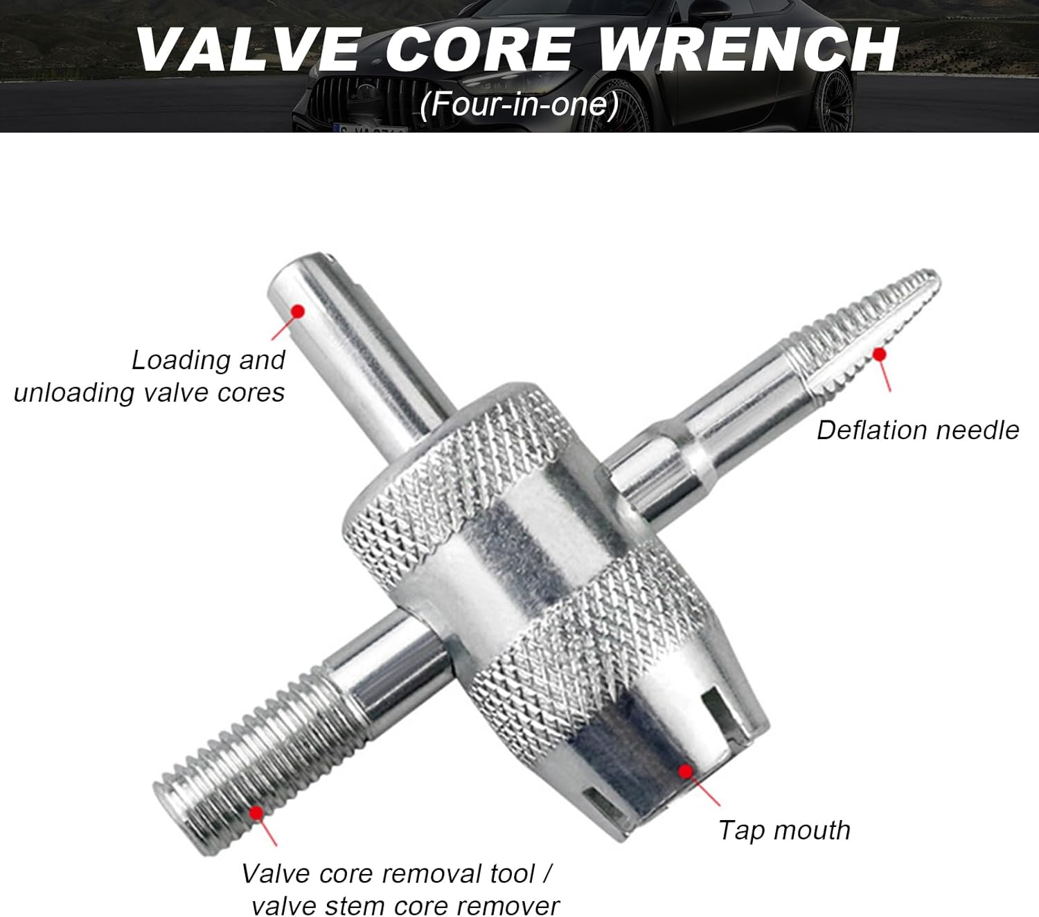 2PCS 4-Way Valve Core Tool Tire Valve Tools, 4-In-1 Tyre Valve Core Tool Tire Stem Core Wrench, Multifunctional Valve Stem Remover Tire Repair Tool for Car Motorcycle Bicycle - 2 Pcs image number 3