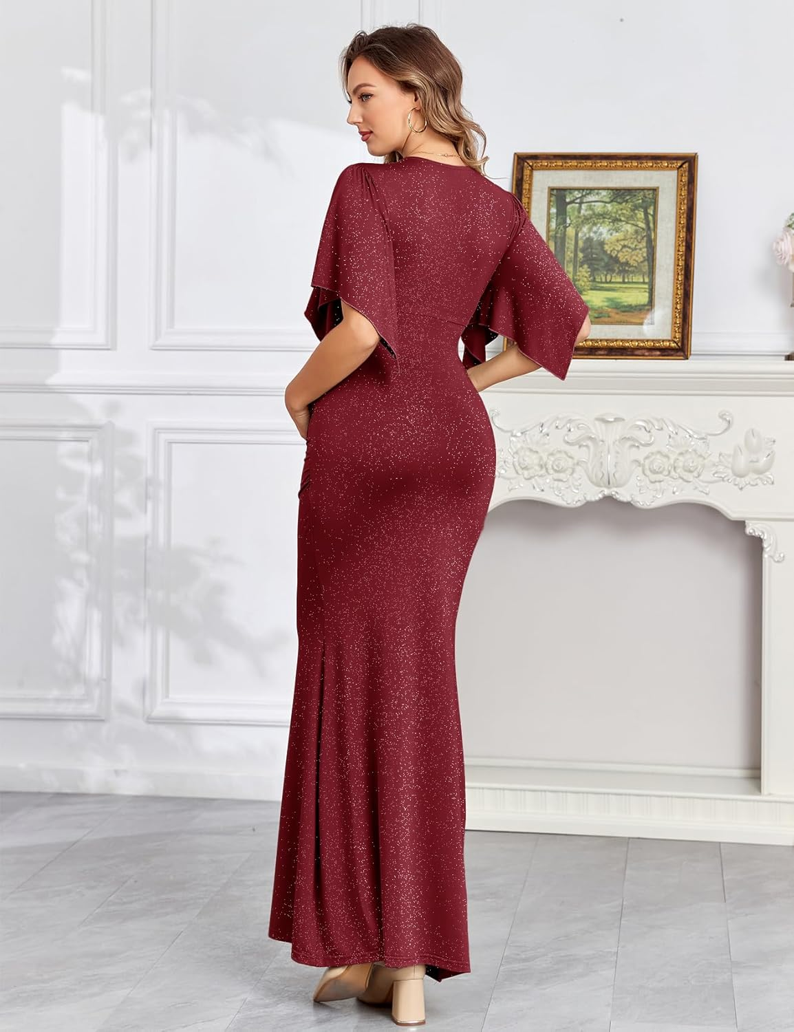 Maxi Maternity Dress with Flower Sash Semi Formal Baby Shower Wedding Guest V-Neck Handkerchief Sleeves Elegant, Sparkly Burgundy, without Flower Sash, Medium image number 1