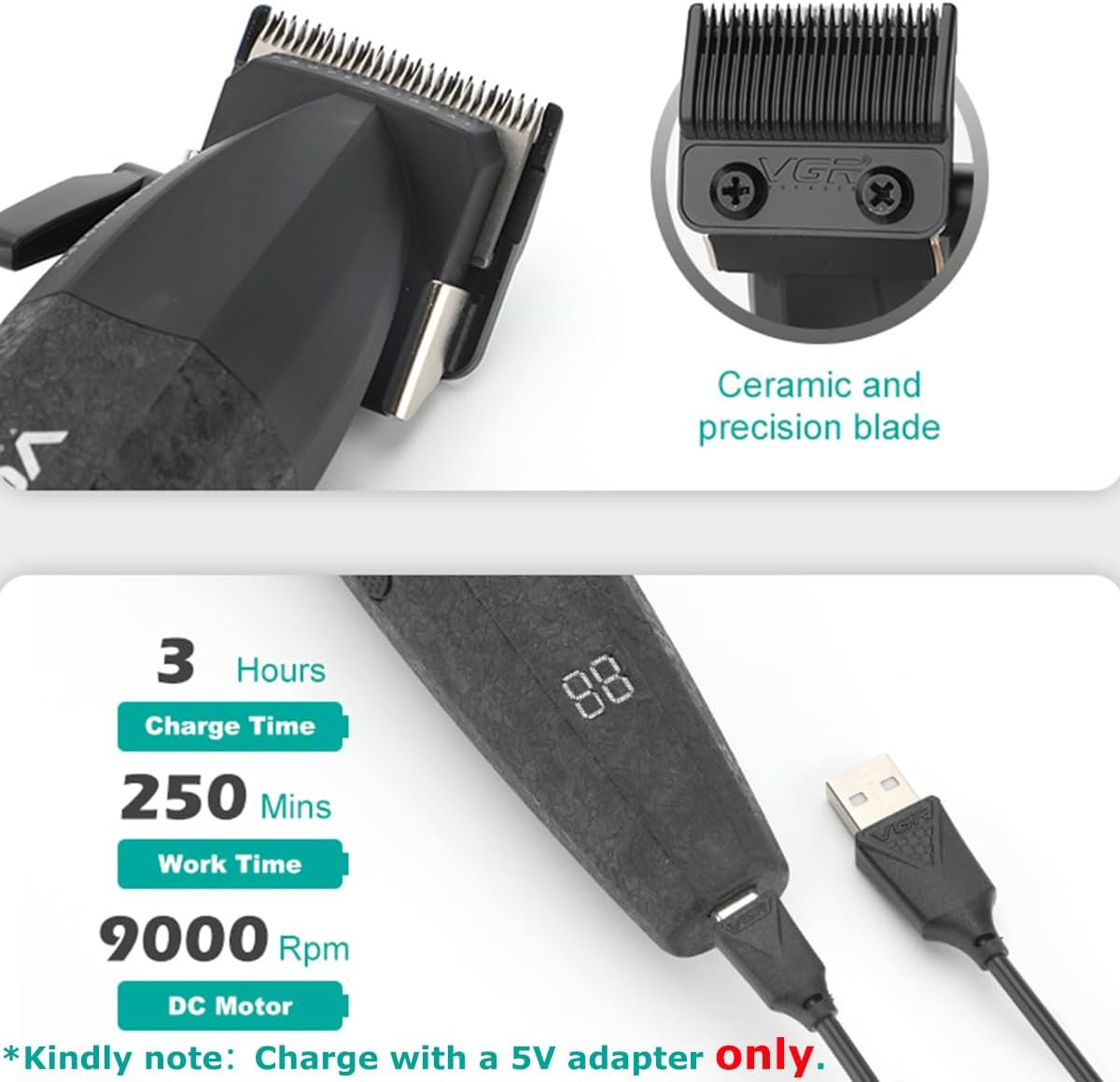 VGR 640S3 Professional 3 in 1 Hair Cutting Kit, 9000RPM Hair Clippers for Men Professional Hair Trimmer & Foil Shavers Set, Cordless Mens Barber Combo for Home, for Him(Black) image number 6