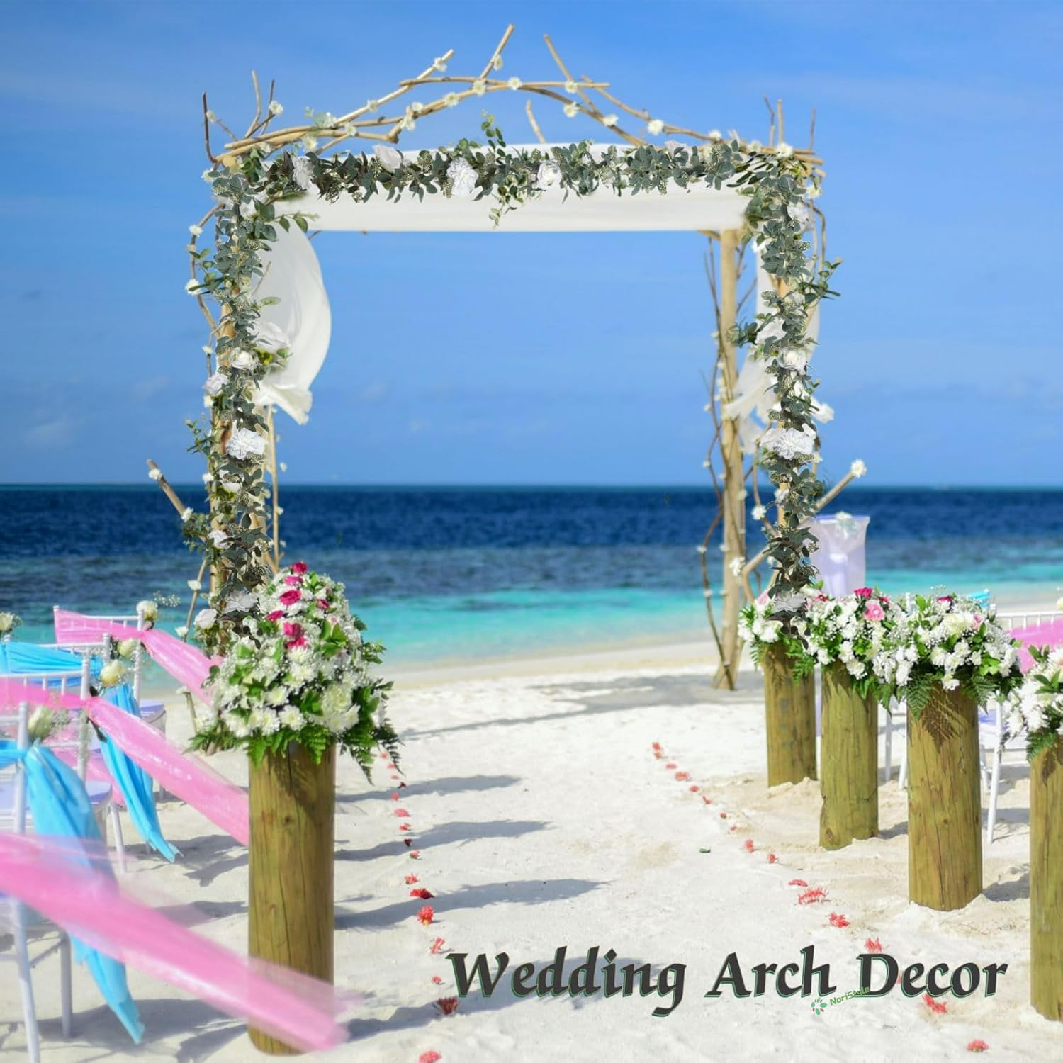 Artificial Flower Garland for Wedding Decor, 2 Packs Silk Artificial Green Hanging Vines with White Flowers for Home Wedding Bridal Shower Indoor Outdoor Garden Party Decorations image number 5