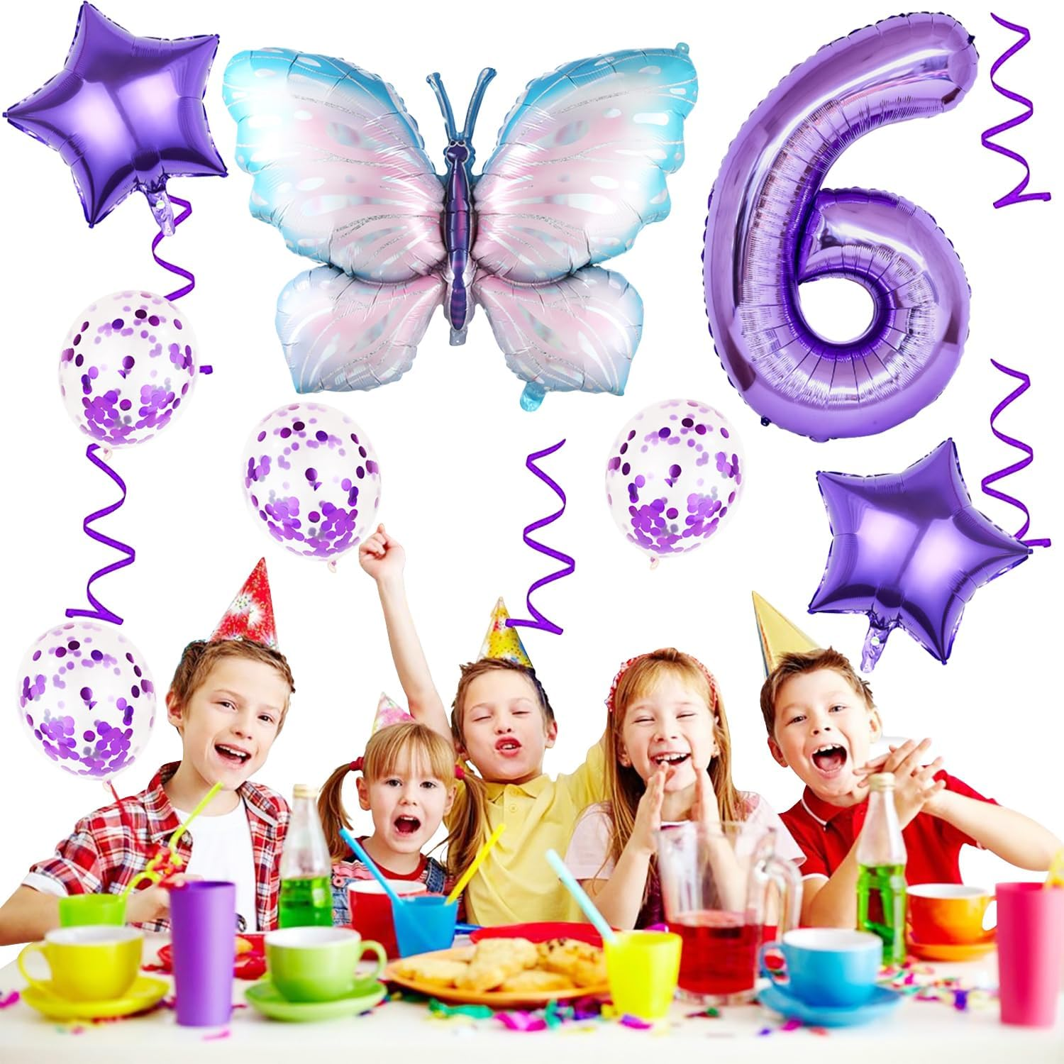 6Th Birthday Butterfly Balloons - Giant Purple Aluminum Foil Number 6 Mylar Balloon for Theme Party Supplies, Baby Shower, Girls Birthday Decor - 6 image number 5