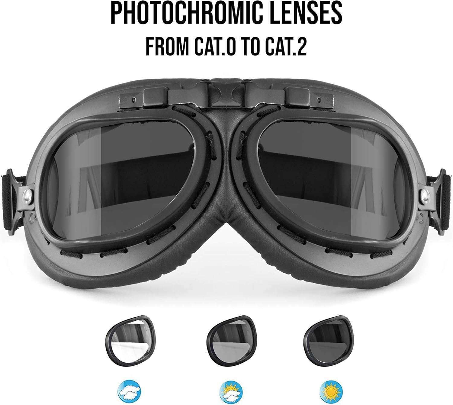 Bertoni Vintage Aviator Motorcycle Goggles Matt Black Anticrash Photochromic Lenses - F195PH Pilot over Helmets Goggles