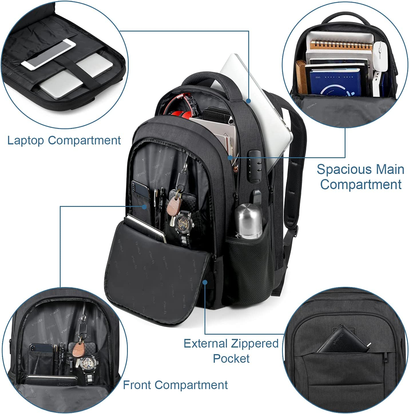 Travel Laptop Backpack Water Resistant Anti-Theft Bag with USB Charging Port and Lock 17.3 Inch Computer Business Backpacks for Women Men College School Student Gift,Bookbag Casual Hiking Daypack - X3 Grey image number 4