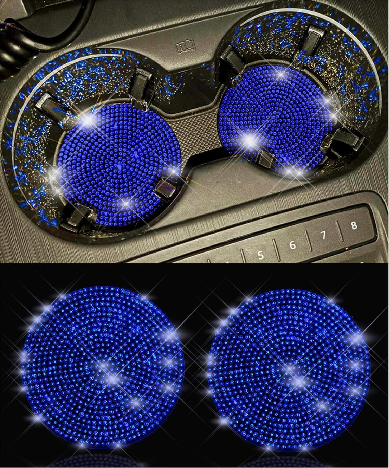2 Pack Car Cup Holder Coaster,Fashion Anti-Slip Shockproof Universal Vehicle Cup Holders Coasters Insert Bling Crystal Rhinestone Auto Automotive Interior Accessories for Women (Blue)