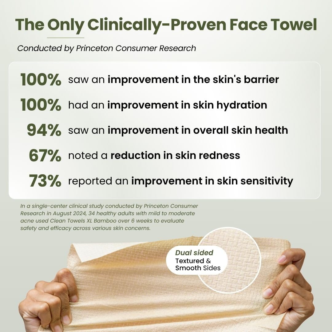 Clean Skin Club Bamboo Viscose Clean Towels&reg; XL 100% USDA Biobased Face Towel, Disposable Face Towelette, Makeup Remover Dry Wipes, Ultra Soft, 50 Ct, 1 Pack