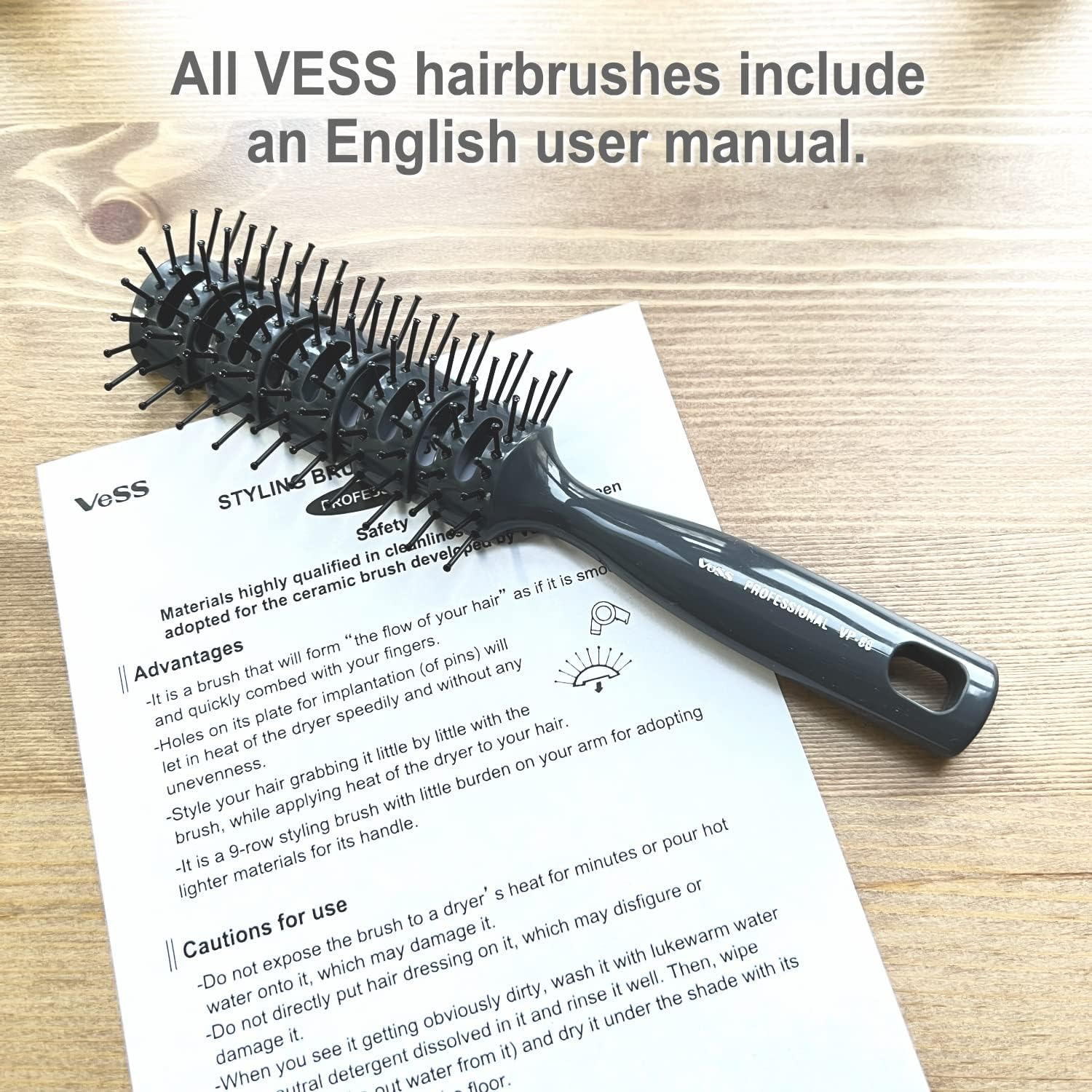VESS Styling Ceramic Hair Brush 9-Row round Type, for Bow and Styling Made in Japan (VP-80 Gray) image number 6