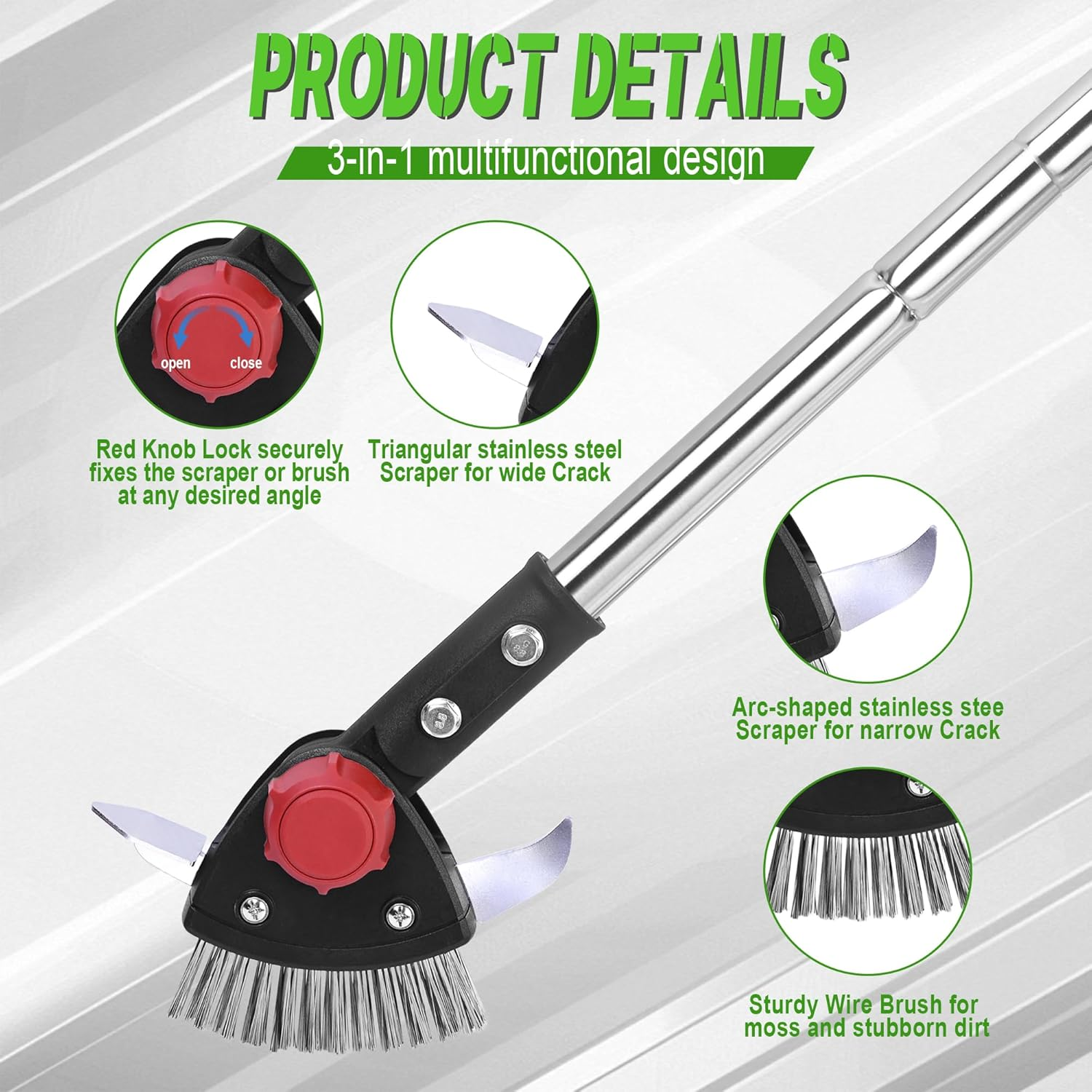 Crack Weeder Long Handle 3-In-1 Adjustable Crevice Cleaning Tool with Stainless Steel Weed Brush with 2 Scrapers Weed Puller Tool for Driveway, Patio Sidewalk to Remove Moss Weeds Dirt