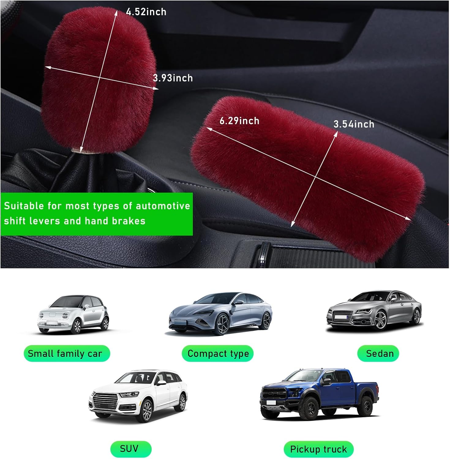 Ziciner 2PCS Plush Car Gear Shift Knob Cover & Handbrake Cover, Comfortable Anti-Slip Auto Shift Knob Protector, Fluffy Warm Hand Brake Handle Cover, Interior Car Accessories (Wine Red) - Beige image number 6