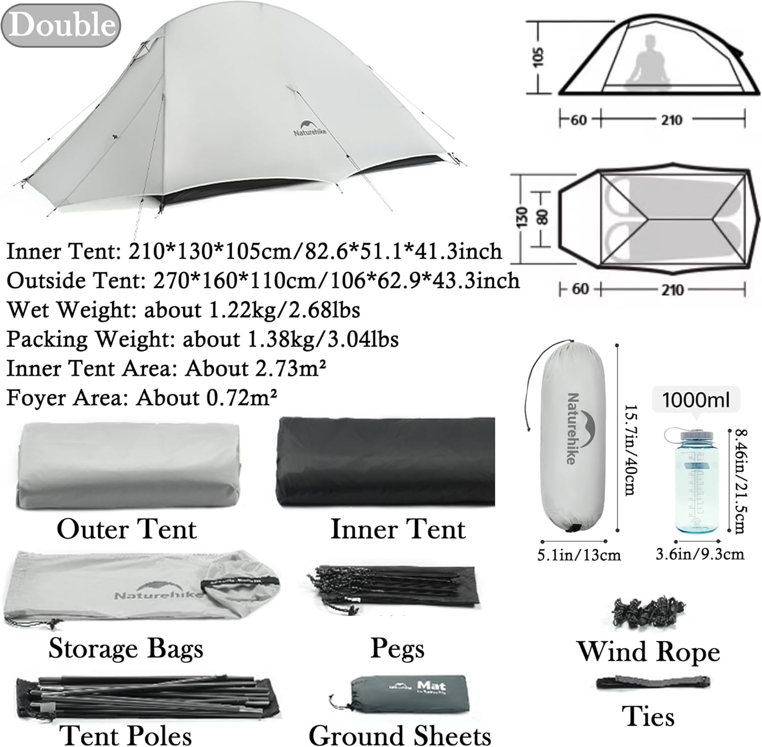 Naturehike 1-2 People Cloud up UL Tent, Rainproof Pu1500Mm & Windproof Upgrade Ultralight Tents,2.3Lbs/2.68Lbs, for Cycle Camping,Backpacking,Hiking,Self-Standing, Construction image number 1