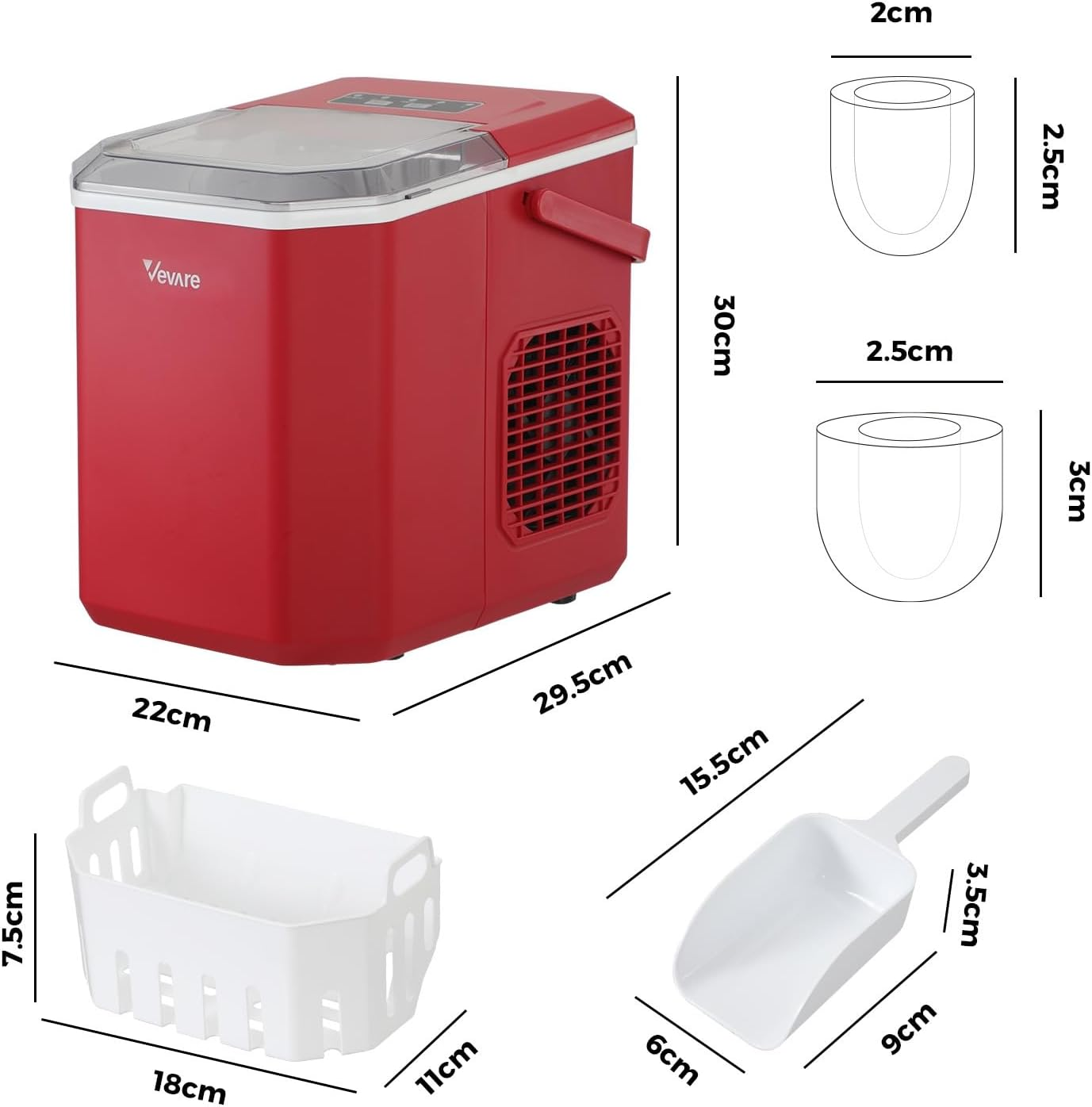 Vevare 12KG/24H Ice Maker Portable Ice Maker Machine, Self-Cleaning Ice Maker with Scoop and Basket, Portable Ice Maker Machine with Handle for Home Kitchen Office Bar Party, Red - Black image number 2