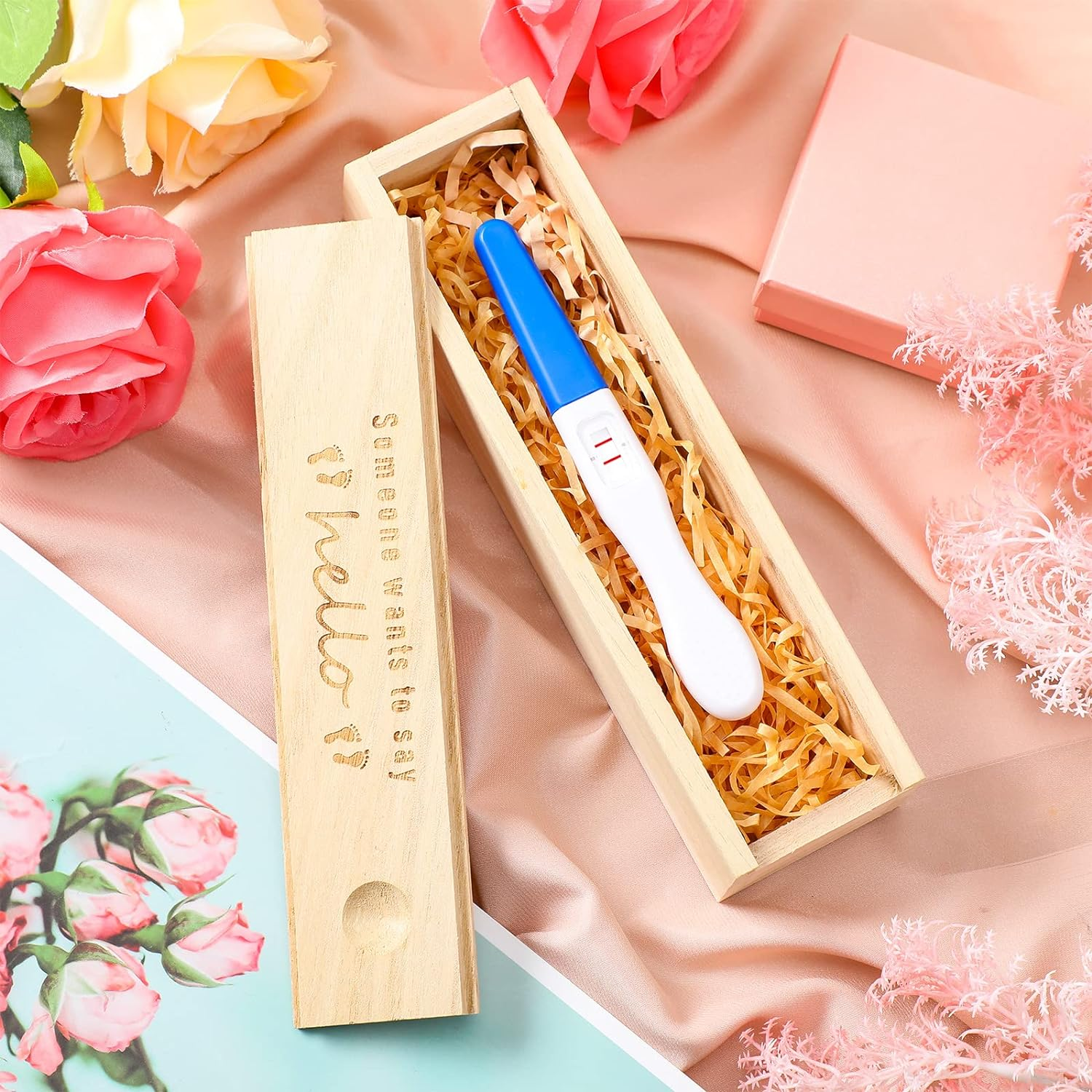 Qunclay Pregnancy Test Keepsake Box Surprise Pregnancy Announcement Box Wooden Baby for Husband Grandparents Baby Memory Souvenir Collection Case with Raffia Ribbon(Classic) image number 6