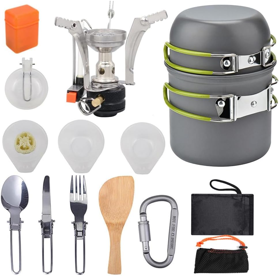 Leona Co Camping Cookware Set Backpacking Outdoor Hiking Gear with Camping Stove, Compact Light Cooking Kit, Easy Clean Durable Tableware Set with Stove Pan Pot Bowl