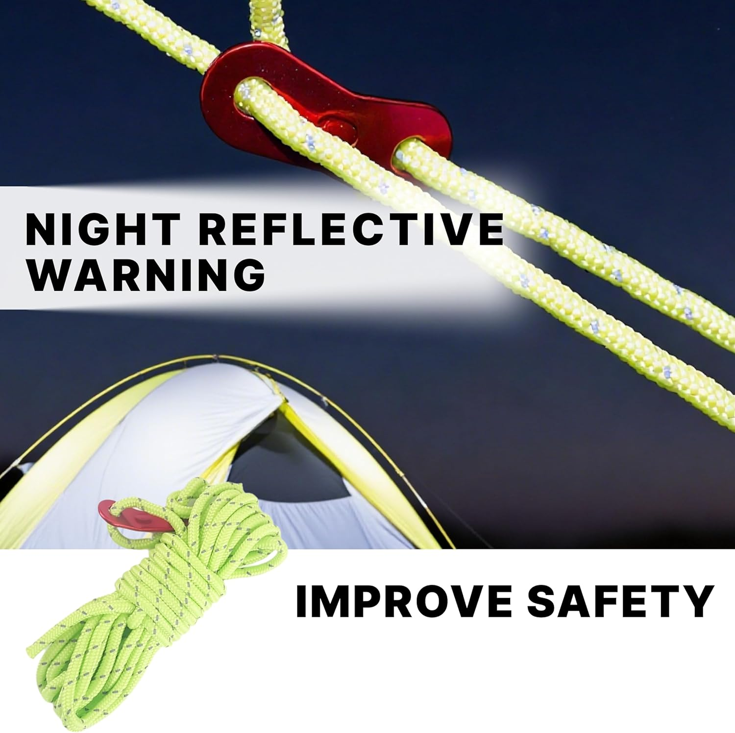 Pack of 8 Reflective Guy Ropes for Tents, 4Mm Luminous Tension Cord with Aluminium Tensioner Adjusters, Ideal for Camping, Hiking, and Awning Tents, 13.1 Feet Long, Green image number 3