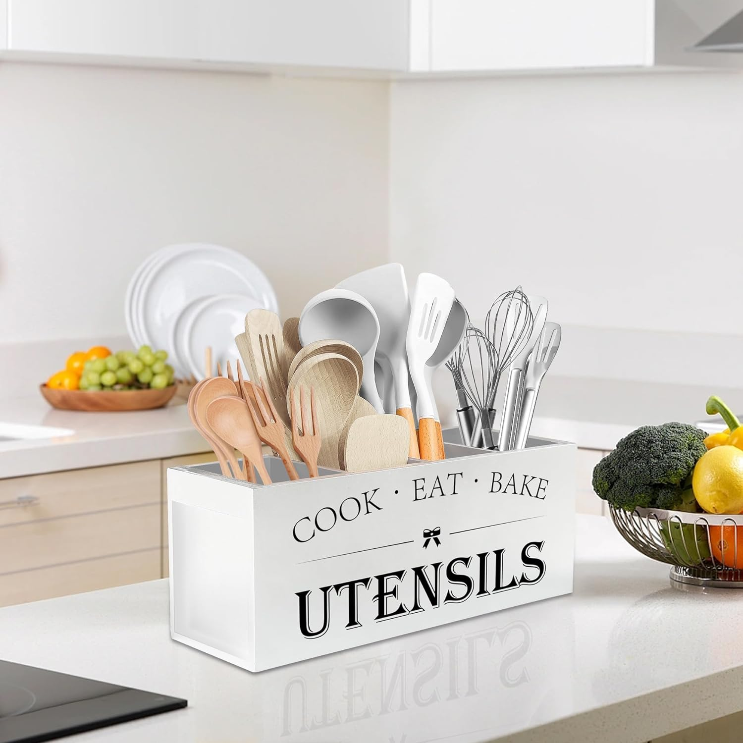 Suli Extra Large Kitchen Utensils Holder with 4 Compartments, Wooden Utensil Organizer for Countertop, Farmhouse Kitchen Decor, Rustic Cooking Utensil - White image number 2