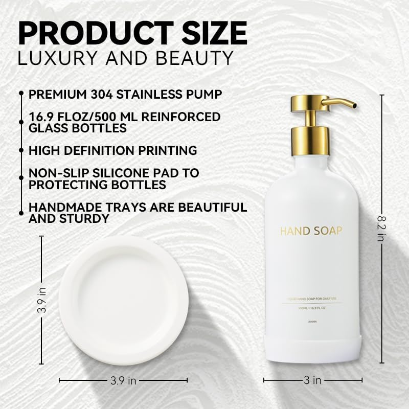 Glass Soap Dispenser Set by Janxin,Bathroom Soap Dispenser Set with Ceramic Tray,Luxury Bathroom Accessories,Modern Kitchen Decor (White+Gold(Hand Soap)) image number 2