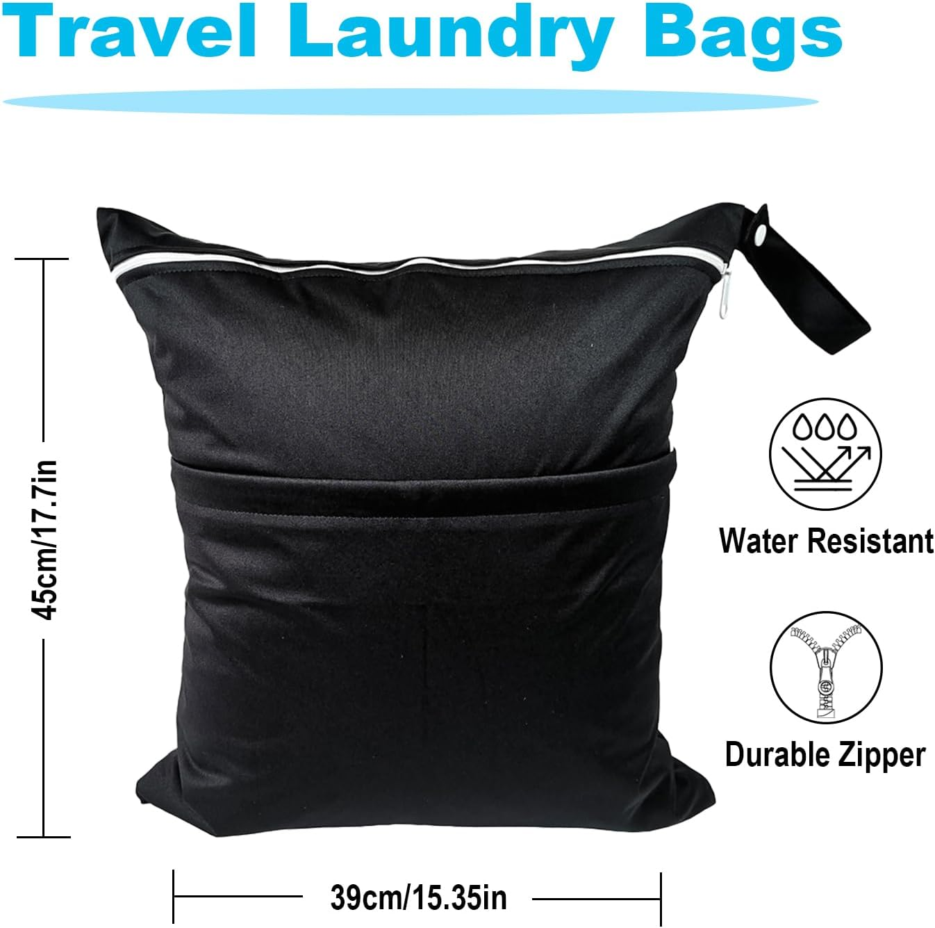 2 Pack Travel Laundry Bag with 2 Zippered Pockets & Handle 39 * 45Cm Water-Resistant Wet Dry Bags for Dirty Clothes, Gym, Swimming, Yoga, Bathing Suits (Black + Grey) - 1 Black + 1 Grey image number 5