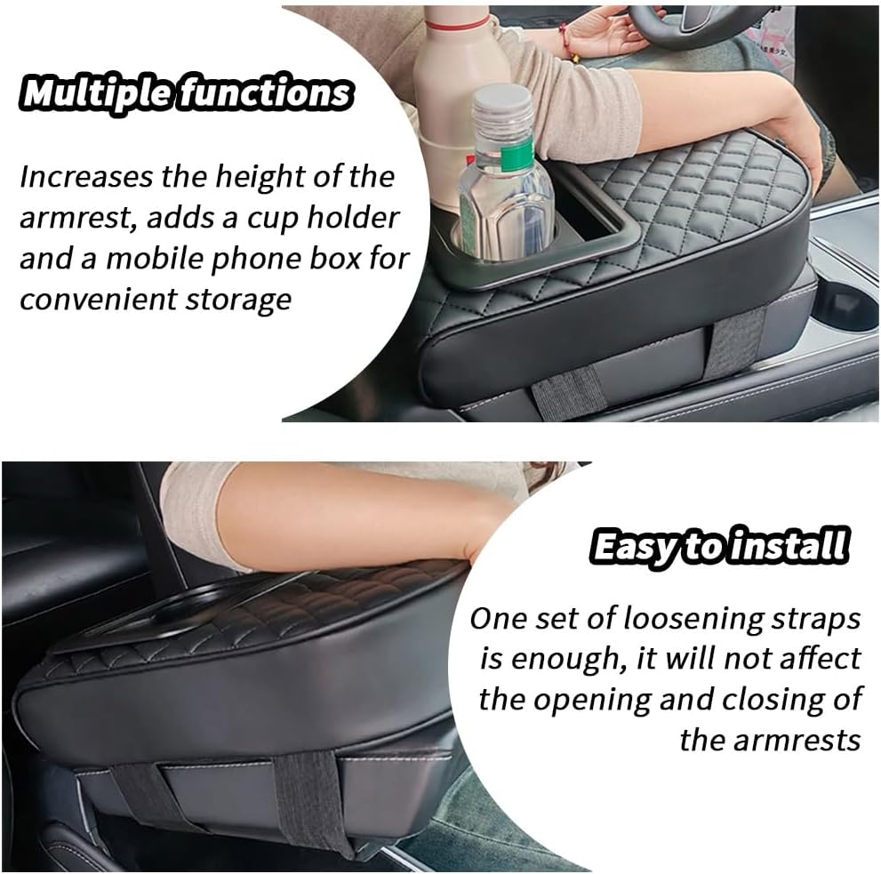 TOMVAES Car Armrest Cover,Leather Armrest Support Elbow Rest Pillow,Auto Center Console Cushion Pad with Cup Holder and Organizer for Suv/Truck/Vehicle,Black image number 1