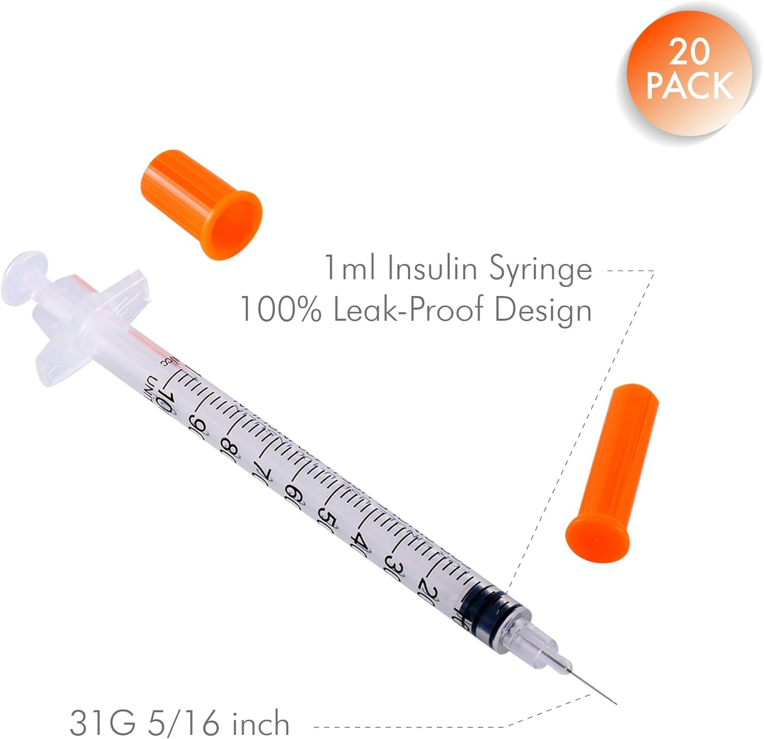 1Ml/Cc 31G 8Mm Syringes, Lab Dispensing Syringe, Individual Wrapped, 20 Pack