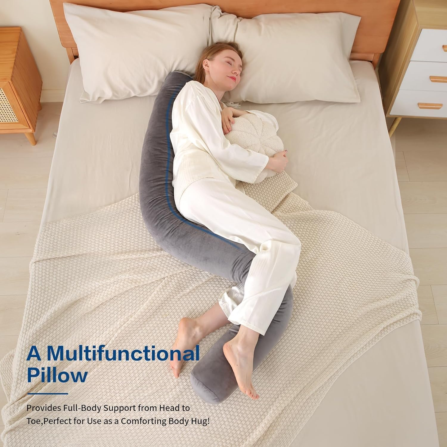 Long Body Pillow for Adults,Full Body Pillow with Velvet Pillowcase,Round Bolster Pillow for Sleeping,Hug Pillow (Grey, 196&times;15 Cm) image number 4