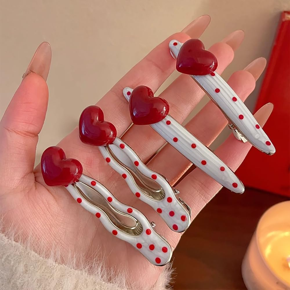 Red Dots 3D Heart Decorative Hair Clips Silver Metal Hair Clip Hair Clips for Women Kawaii Willow Wave Hair Clips Hair Clip Women'S Duck Beak Alligator Hair Clip Hair Accessories image number 5
