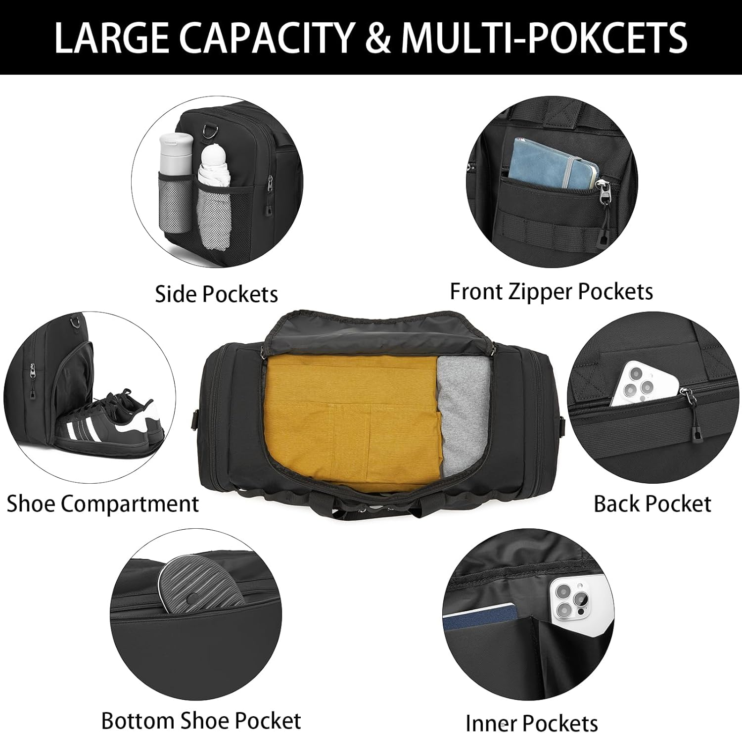 Tactical Gym Bag for Men,Carry on Duffel Bag with Shoe Compartment Gym Duffle Bags for Travel Military Duffle Bags with Molle System for Weekend Overnight Bag,Black - Classic Black image number 5