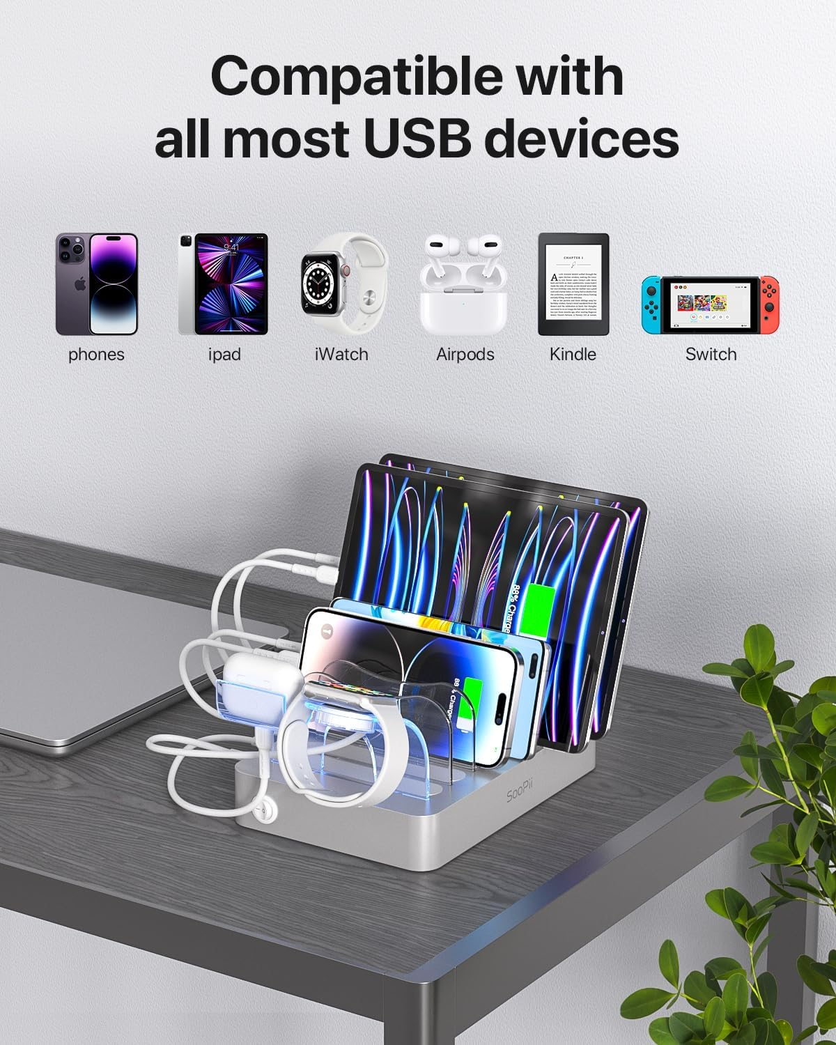 Soopii Premium 6-Port USB Charging Station Organizer for Multiple Devices, 6 Short Charging Cables and One Upgraded I-Watch Charger Holder Included, for Phones, Tablets, and Other Electronics,Silver - Silver image number 4