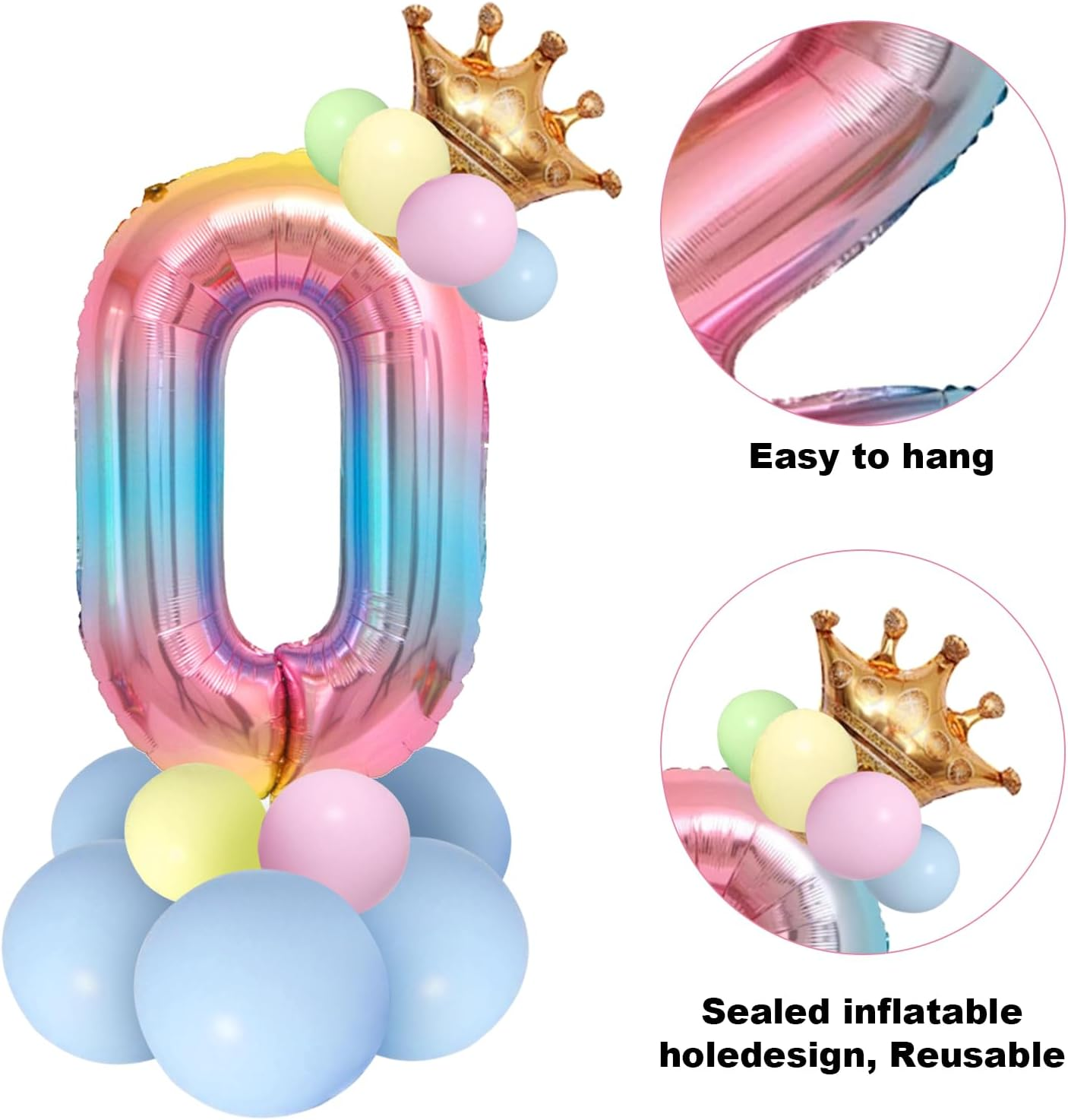 Number 0 Balloon, Rainbow Birthday Balloon, 40 Inch Foil Balloons, Crown Star Large Balloons for Girls Women Men Birthday Party Decor-0 image number 4
