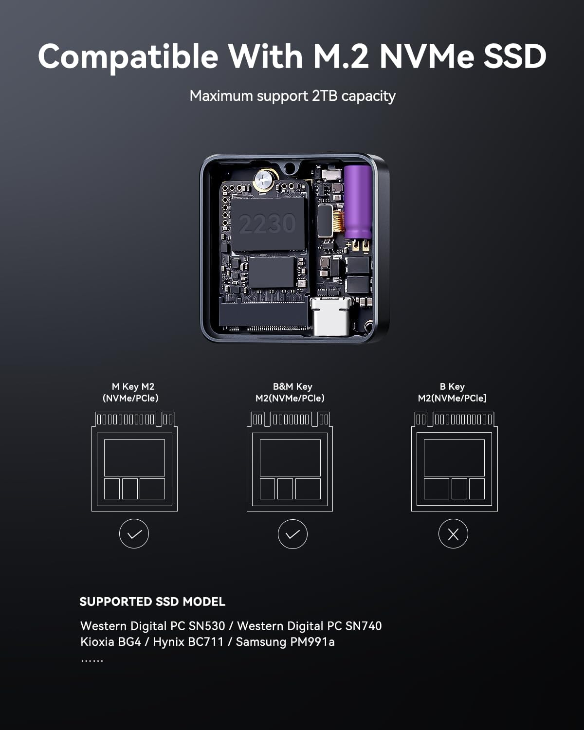 DOCKCASE Pocket M.2 Nvme SSD Enclosure,Support 3S PLP Prevents Write Data Loss,Usb 3.2 Gen 2 Type-C (10 Gbps), Fits Nvme Pcie, Exclusive to Size 2230,Support M-Key B+M Key UASP (US-S) image number 5