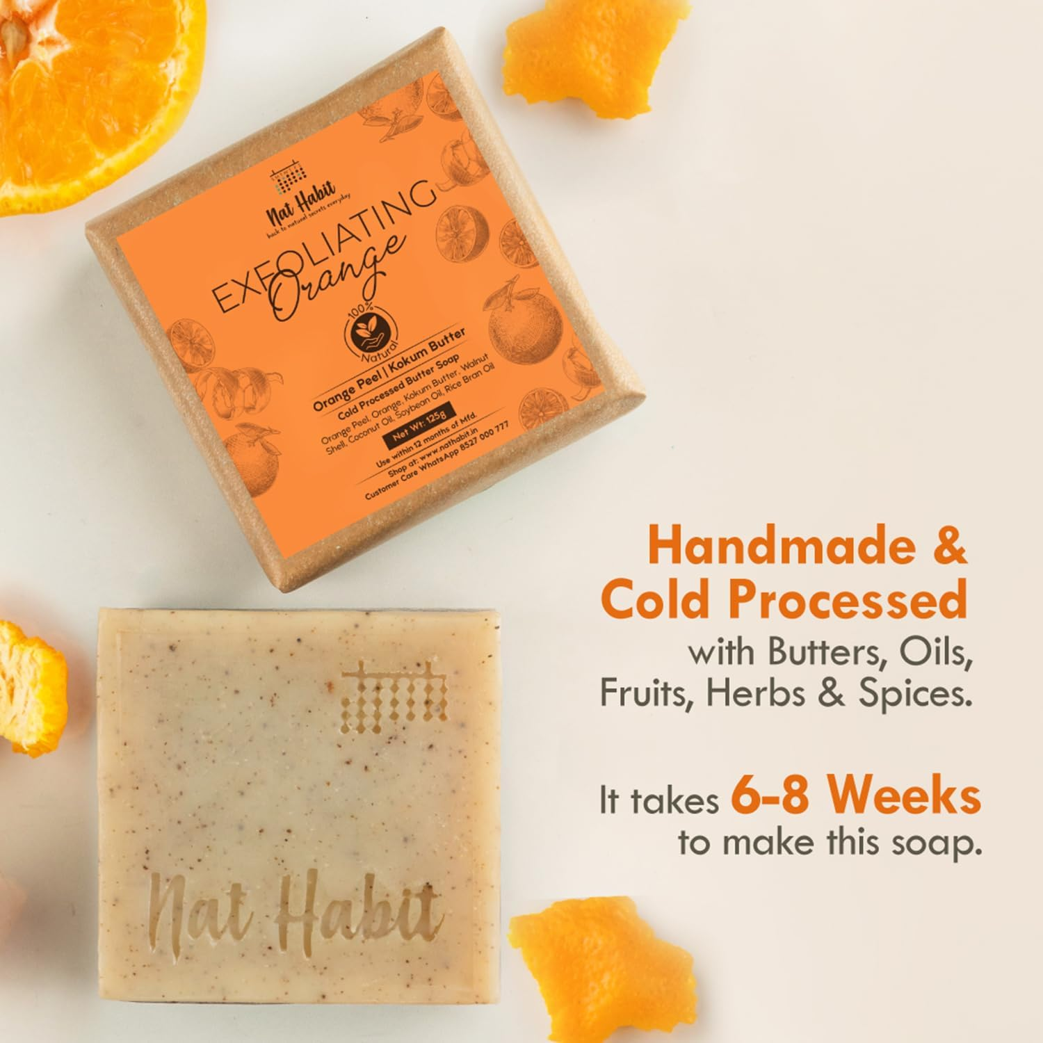 Nat Habit Exfoliating Orange Butter Bath Soap with Ayurvedic Cold Processed for Brightening, Scar Reduction, Exfoliation,Tan Removal (Pack of 2 X 125Gm) image number 3