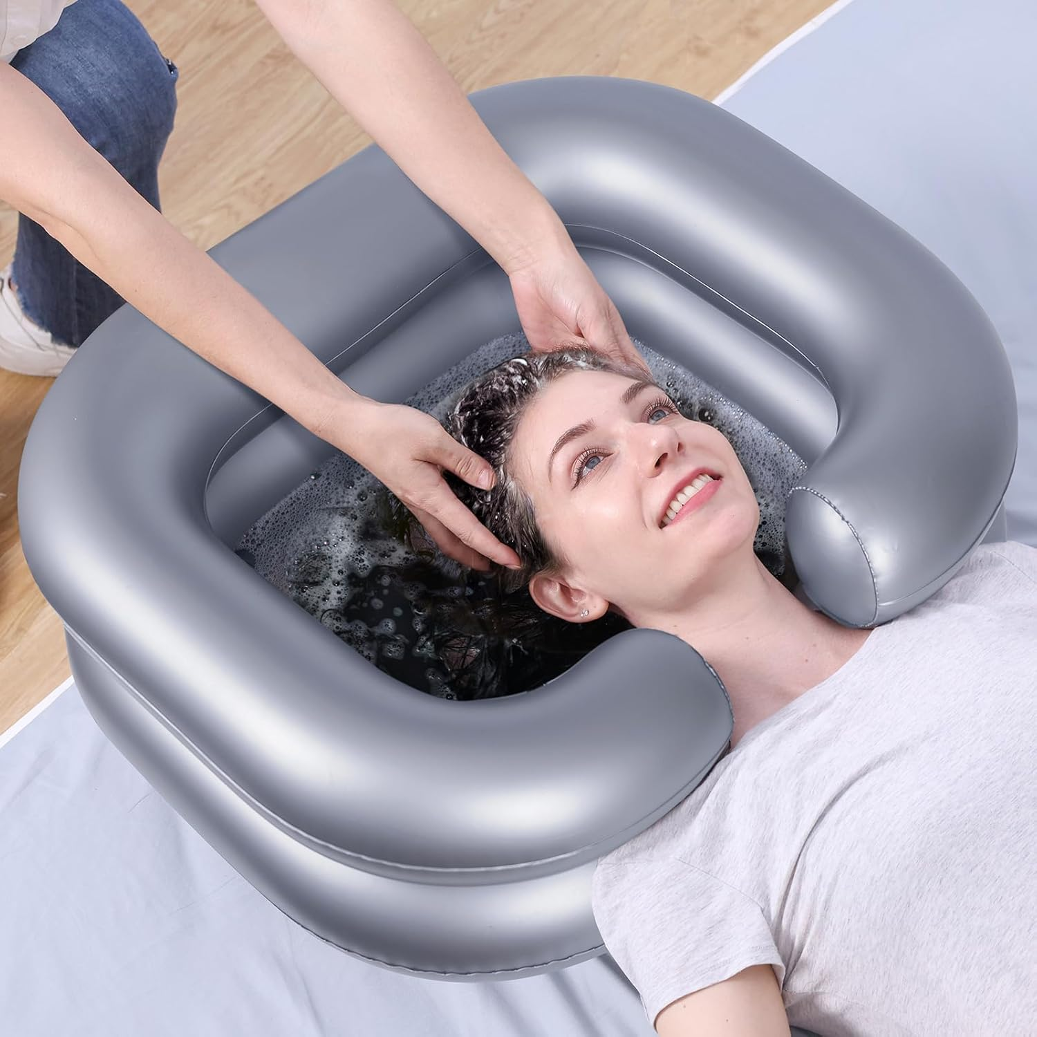 Cozioz Portable Inflatable Shampoo Bowl - Hair Washing Basin for Home Care & Pregnant Women, Salon & Dreadlock Wash Sink (Silver) image number 4