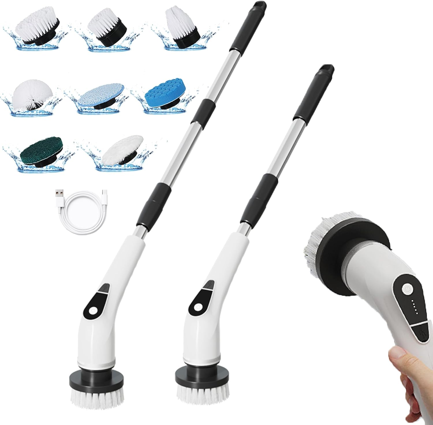 Electric Spin Scrubber, Electric Scrubber with 8 Replaceable Heads, 320-470RPM 5 Speed Adjustable Shower Scrubber with Long Handle, Scrubbing Brush for Bathroom, Bathtub, Floor and Car. image number 1