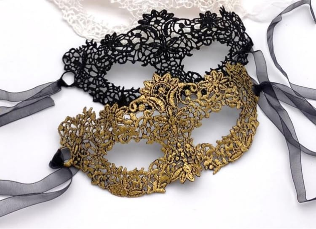 Masquerade Mask for Women, 2 Pack Gold Black Venetian Lace Eye Mask for Venetian Prom Ball Costume Hallowmas Party