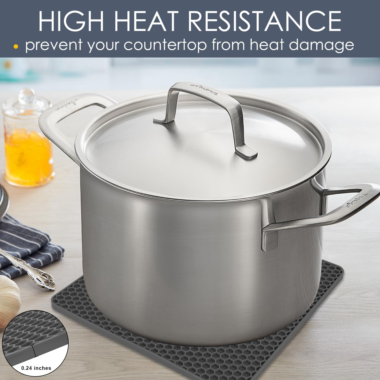 Silicone Pot Holders Set of 4- Silicone Trivets Mats for Hot Pan and Pot Pads. Heat Resistant Counter Mats for Tables, Countertops, Spoon Rest and Large Coasters, 4 Pack Dark Gray Squared Mats image number 2