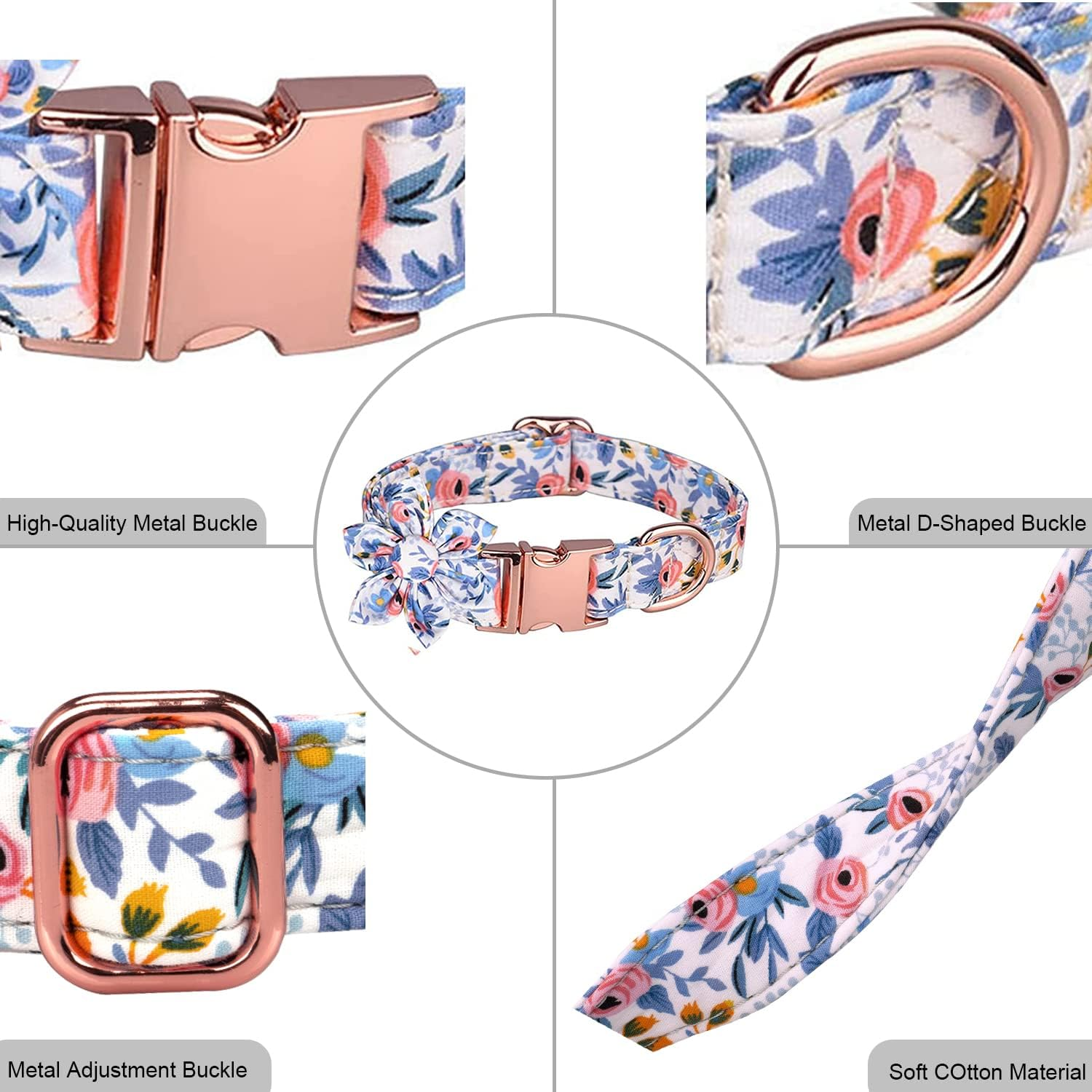 Dog Collar with Flower and Bow Tie，Adjustable Metal Buckle Floral Pattern Dog Collar for Girl Dog Boy Dog Small Medium Large Dog (L-Neck 14.9-23.6", Width 1", Blue) image number 3
