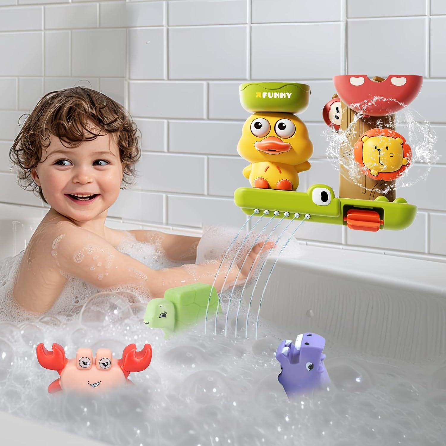 Bath Toys for Toddlers Age 1 2 3 Year Old Girl Boy, Preschool Kids Baby Bathtub Water Toys Cute Duck Design,3 Strong Suction Cups,Bath Wall Toy Waterfall Fill Spin and Flow Birthday Gift Ideas image number 4
