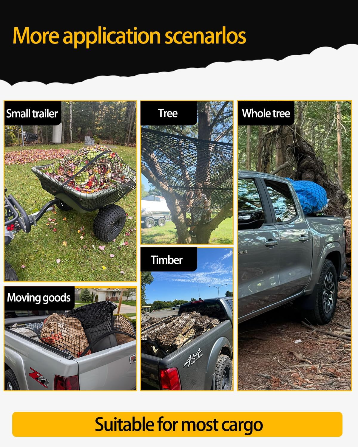 Truck Bed Cargo Net 4'X4' Expandable to 8'X8' | Heavy Duty Elastic Cargo Net for Pickup Truck Bed & SUV Roof Racks | Fits Ford Chevy Dodge Toyota Jeep Trailer with Metal Carabiners (Double-Layer Net) image number 2