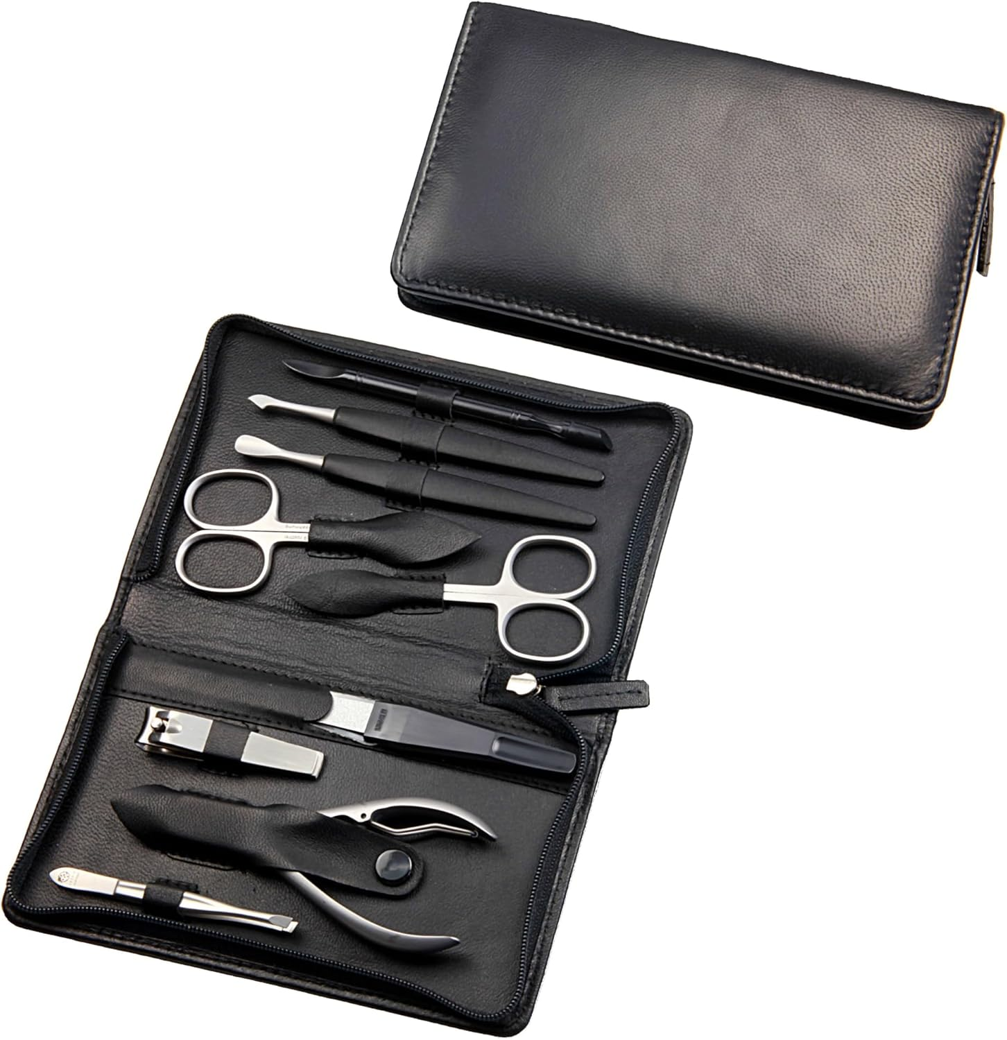 Sonnenschein by Hans Kniebes - Manicure Case, Zip: 9 Pieces, Stainless Steel Matt Finish, Nappa Lambskin Leather, Black