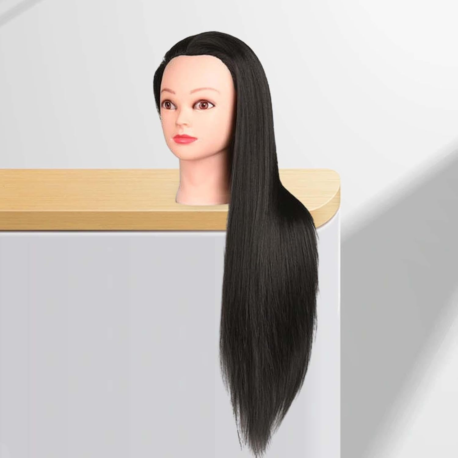 Amagogo Hair Training Head Mannequin Manikin Head Synthetic Fiber Hair Long Hair for Cutting Cosmetology School Students Barber Shop Hair Stylist, Black with Makeup image number 3