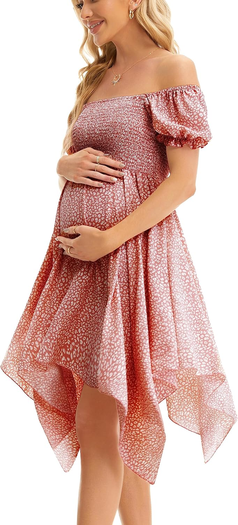 Maternity Summer Short Puff Sleeve Floral Maternity Dress, Square Neck Flowy Irregular Hem Baby Shower Dress