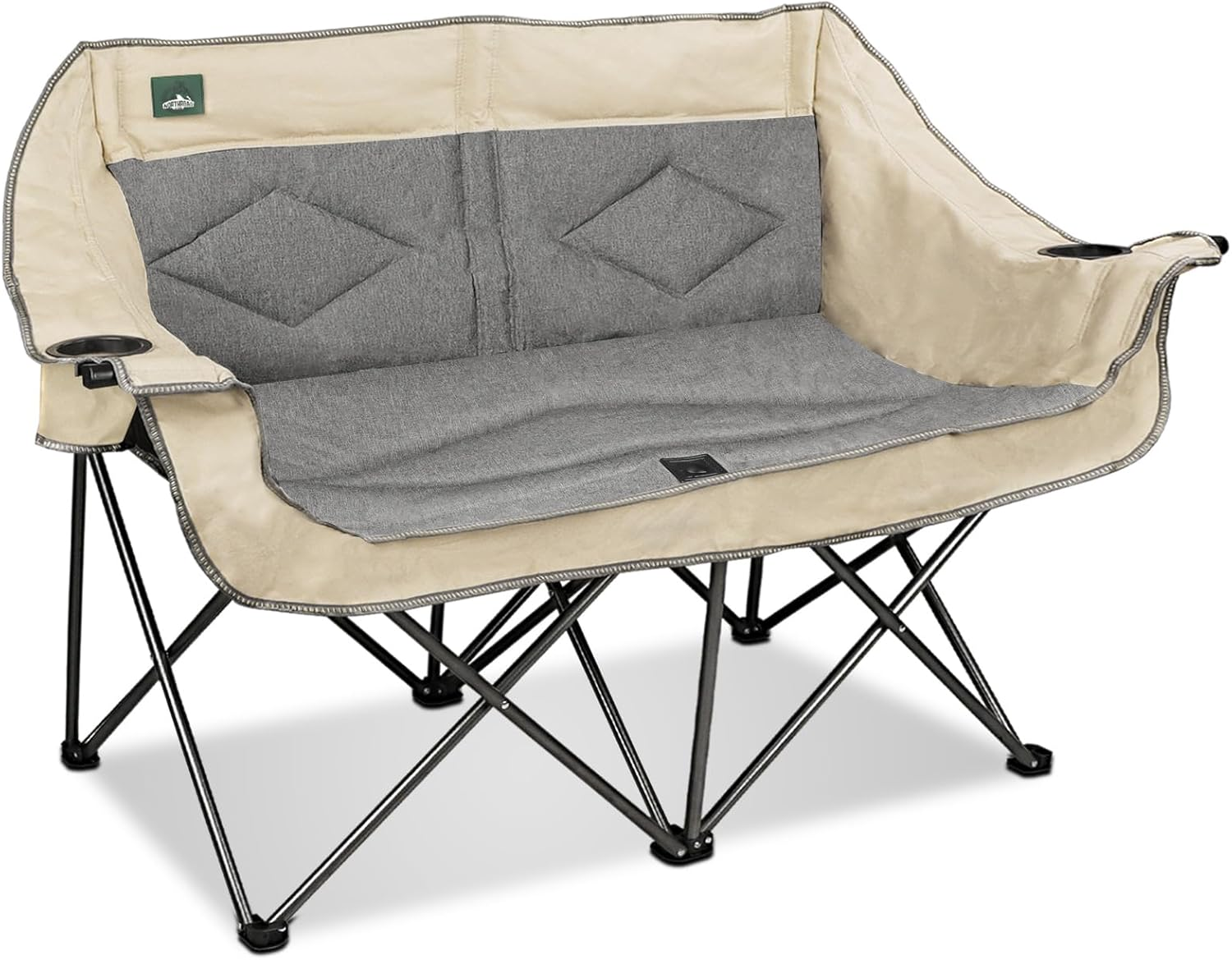 Northroad Folding Loveseat Camping Chair Portable Double Duo Full Padded Garden Chair for 2 Person Sofa W/ 2 Cup Holder,Wine Glass Holder,Mesh Storage,Support 600Lbs for Picnic Beach Travel (Beige)