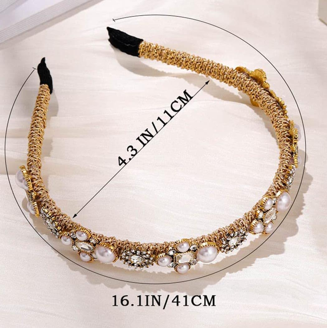 Sinalty Gold Pearls Headbands Baroque Rhinestones Hair Bands Crystal Hair Hoop with Beaded Hair Ties for Women (Fashion) image number 5
