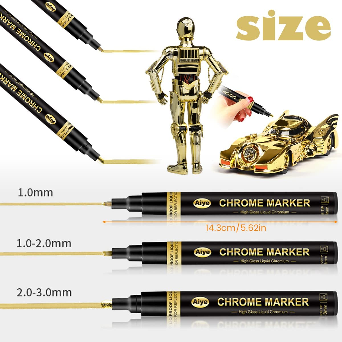 Claumeng 3PCS Liquid Chrome Marker Mirror Paint Pen Set Metallic Marking Markers DIY Art Craft Highlight for Metal Rock Wood Fabric Glass Canvas Width 1Mm to 2Mm (Gold) image number 3
