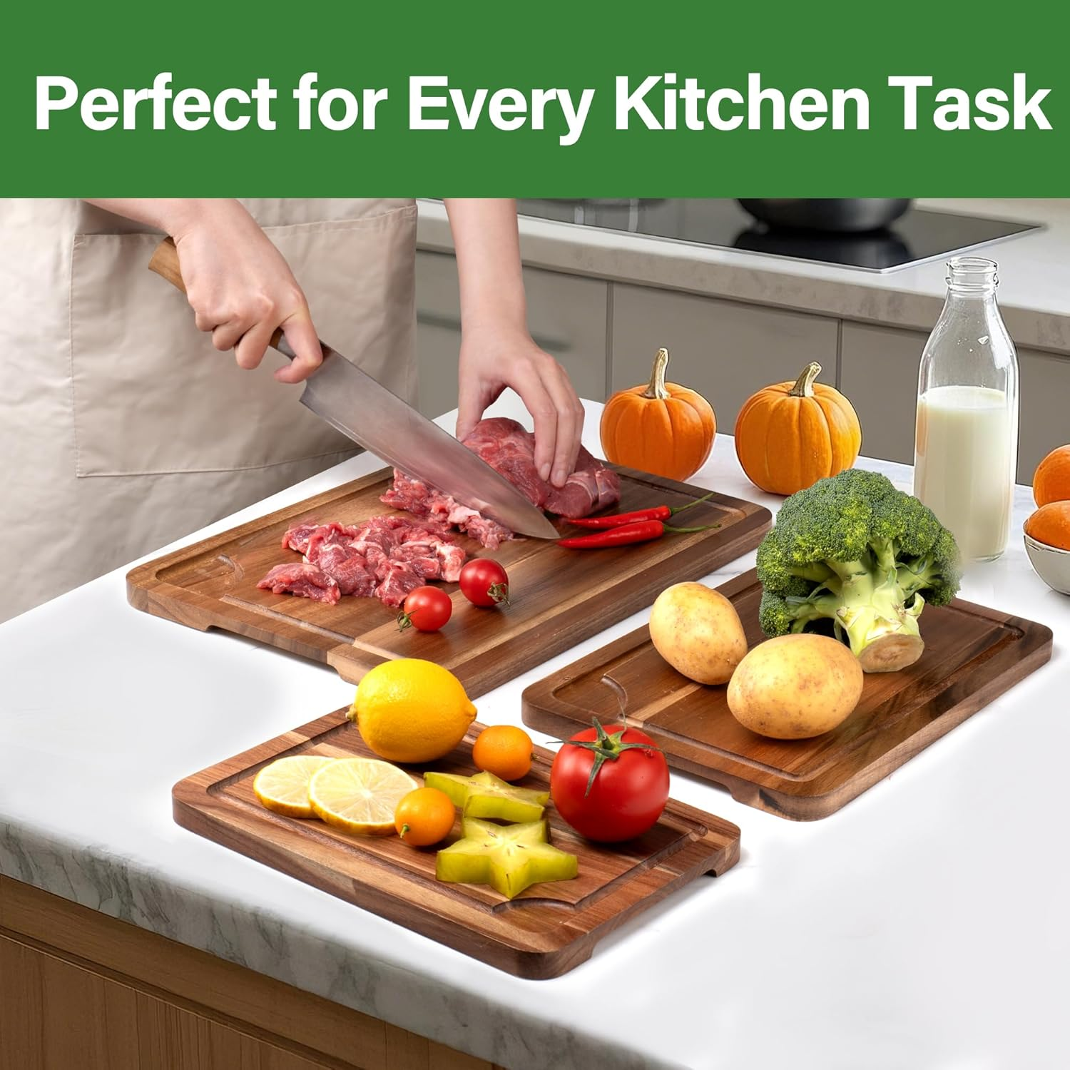 TJ POP Acacia Wood Chopping Board for Kitchen, Wooden Cutting Board Set of 3 with Stand and Juice Groove, Double-Sided Chopping Board Serving Board for Meat, Vegetables, Fruits and Cheese - Acacia Wood (3 Set) image number 6