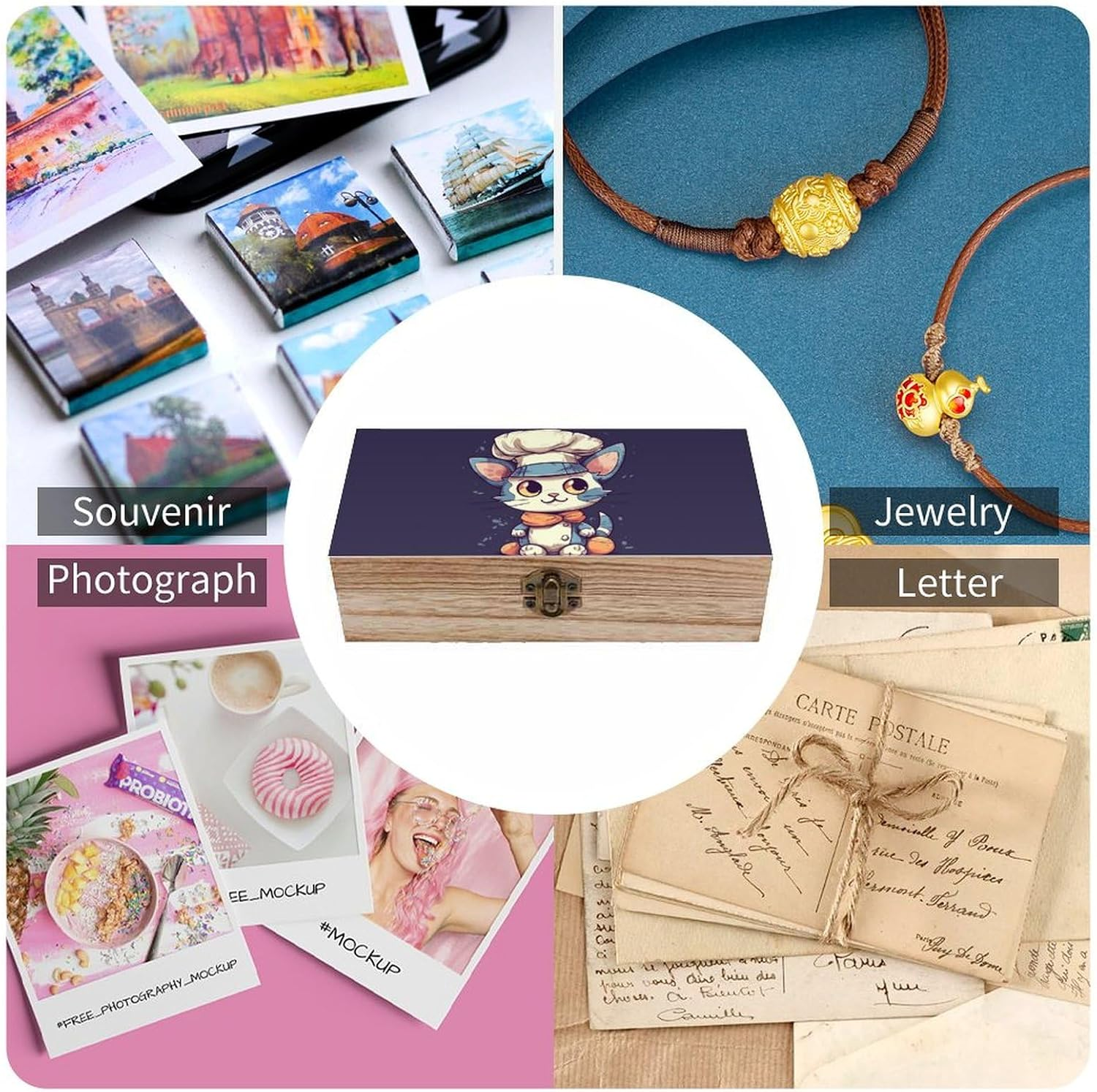 Cat Wearing Chef Hat Wooden Box Wood Wedding Keepsake Boxes with Lids Small Decorative Boxes Lightweight Wooden Memory Storage Box for Crafts Keepsakes Jewelry Photo Letter Storage