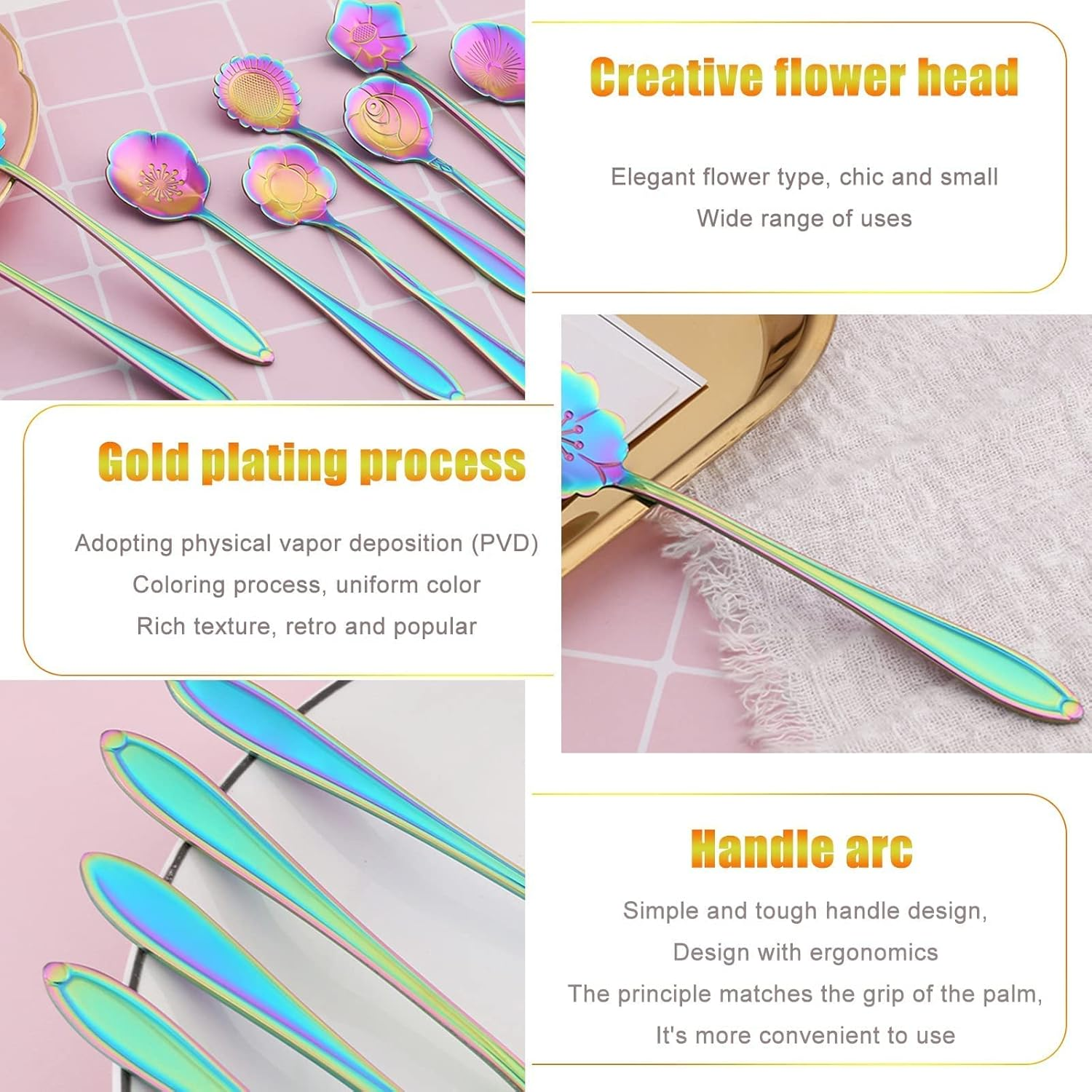 Niceeshop Stainless Steel Flower Spoon Set - Colorful Coffee and Tea Mixing Spoons - Rainbow Sugar Spoon Set of 8 image number 3