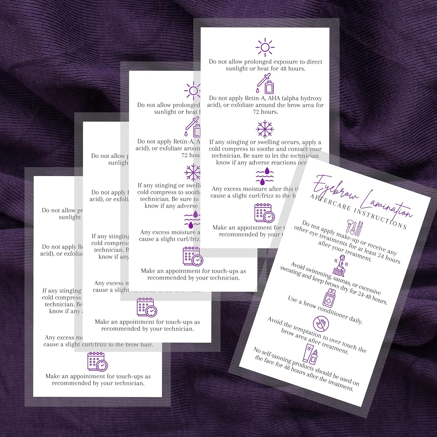 Brow Lamination Aftercare Card | 50 Pack | 2X3.5&rdquo; Inches Business Card Size | Starter Lift Kit at Home DIY Brow Lift and Tint | Snatched Brows White with Purple Design image number 2