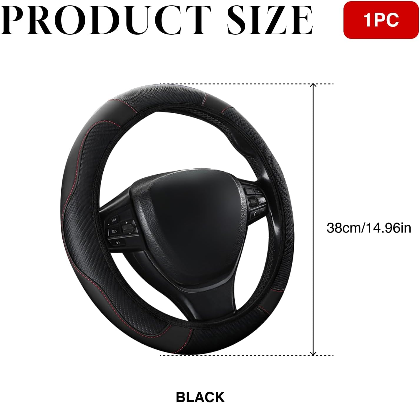 General Duty Car Steering Wheel Cover, Anti-Slip Microfiber Leather, Breathable Soft Full Surround Protection for 15 Inch Steering Wheels Perfect Fit, Durable, Sports Style, Black image number 5