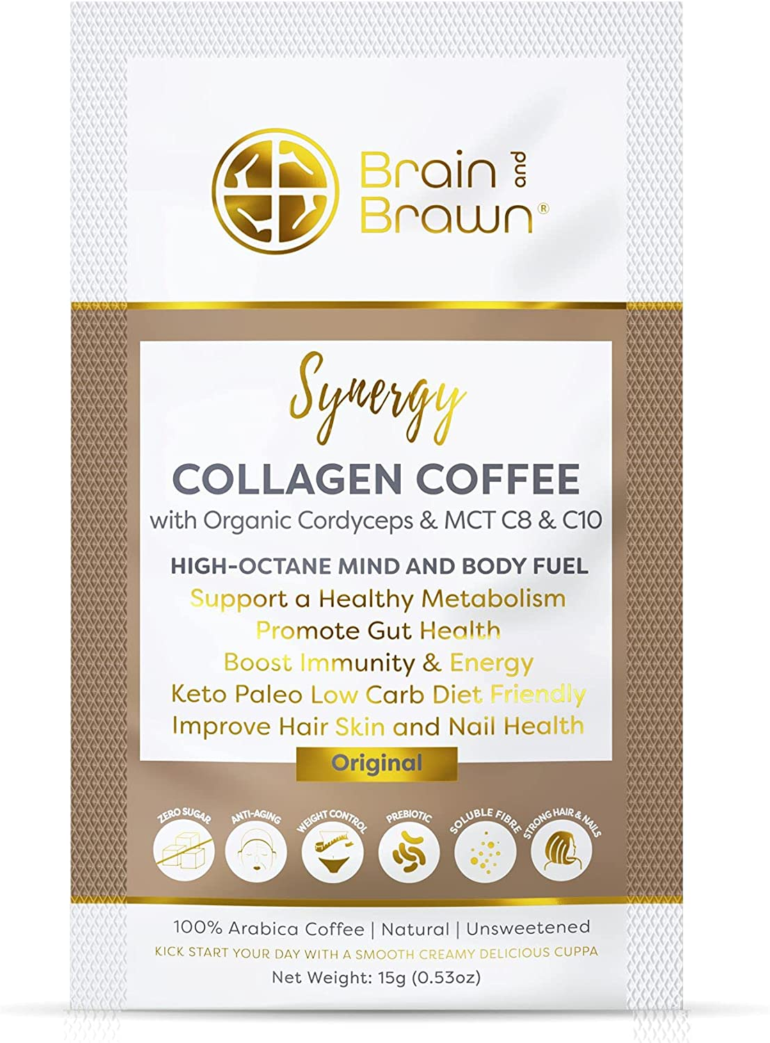 Synergy Collagen Coffee (7 X 15G Sachet) with Organic Cordyceps and Collagen Peptides for Skin, Hair and Nail Health, MCT Oil, Organic Cordyceps and Acacia Fibre, 100% Arabica Coffee, Unsweetened, All-In-One Beauty Coffee 105G (7 Serves) image number 5