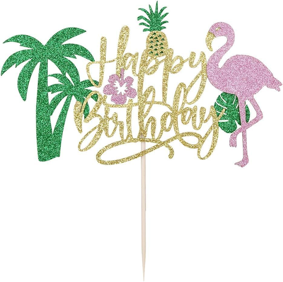 Confetti! Glitter Flamingo Cake Toppers Flamingo Happy Birthday Cake Decoration Tropical Hawaiian Luau Themed Party Supplies image number 2